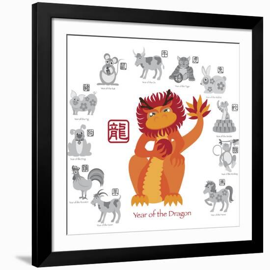 Chinese New Year Dragon Color with Twelve Zodiacs Illustration-jpldesigns-Framed Art Print