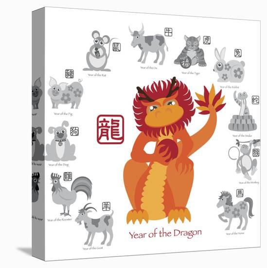 Chinese New Year Dragon Color with Twelve Zodiacs Illustration-jpldesigns-Stretched Canvas