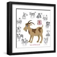 Chinese New Year Goat Color with Twelve Zodiacs Illustration-jpldesigns-Framed Art Print