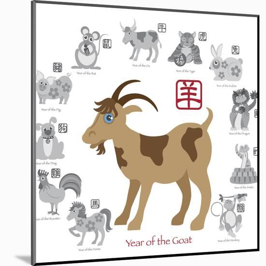 Chinese New Year Goat Color with Twelve Zodiacs Illustration-jpldesigns-Mounted Art Print