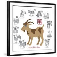 Chinese New Year Goat Color with Twelve Zodiacs Illustration-jpldesigns-Framed Art Print