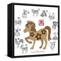 Chinese New Year Horse Color with Twelve Zodiacs Illustration-jpldesigns-Framed Stretched Canvas