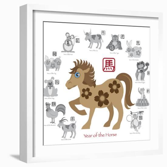 Chinese New Year Horse Color with Twelve Zodiacs Illustration-jpldesigns-Framed Premium Giclee Print