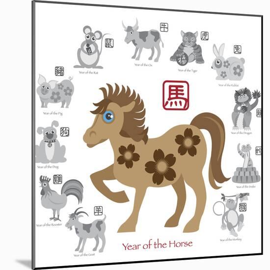 Chinese New Year Horse Color with Twelve Zodiacs Illustration-jpldesigns-Mounted Premium Giclee Print