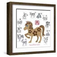 Chinese New Year Horse Color with Twelve Zodiacs Illustration-jpldesigns-Framed Art Print