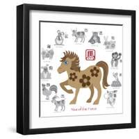Chinese New Year Horse Color with Twelve Zodiacs Illustration-jpldesigns-Framed Art Print