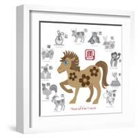 Chinese New Year Horse Color with Twelve Zodiacs Illustration-jpldesigns-Framed Art Print