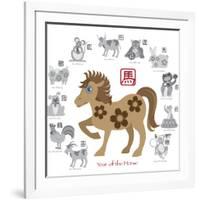 Chinese New Year Horse Color with Twelve Zodiacs Illustration-jpldesigns-Framed Art Print