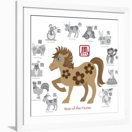 Chinese New Year Horse Color with Twelve Zodiacs Illustration-jpldesigns-Framed Art Print