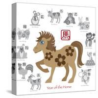 Chinese New Year Horse Color with Twelve Zodiacs Illustration-jpldesigns-Stretched Canvas