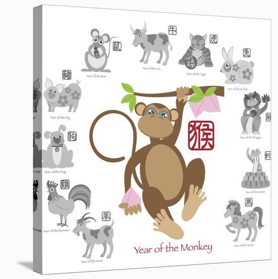 Chinese New Year Monkey Color with Twelve Zodiacs Illustration-jpldesigns-Stretched Canvas