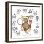 Chinese New Year Monkey Color with Twelve Zodiacs Illustration-jpldesigns-Framed Premium Giclee Print