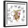 Chinese New Year Monkey Color with Twelve Zodiacs Illustration-jpldesigns-Framed Premium Giclee Print