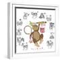 Chinese New Year Monkey Color with Twelve Zodiacs Illustration-jpldesigns-Framed Premium Giclee Print