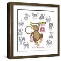 Chinese New Year Monkey Color with Twelve Zodiacs Illustration-jpldesigns-Framed Art Print