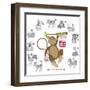 Chinese New Year Monkey Color with Twelve Zodiacs Illustration-jpldesigns-Framed Art Print