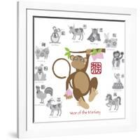 Chinese New Year Monkey Color with Twelve Zodiacs Illustration-jpldesigns-Framed Art Print