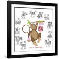 Chinese New Year Monkey Color with Twelve Zodiacs Illustration-jpldesigns-Framed Art Print