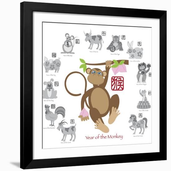 Chinese New Year Monkey Color with Twelve Zodiacs Illustration-jpldesigns-Framed Art Print