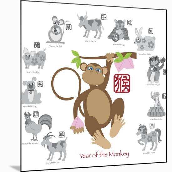 Chinese New Year Monkey Color with Twelve Zodiacs Illustration-jpldesigns-Mounted Art Print