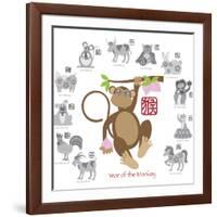 Chinese New Year Monkey Color with Twelve Zodiacs Illustration-jpldesigns-Framed Art Print