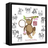 Chinese New Year Monkey Color with Twelve Zodiacs Illustration-jpldesigns-Framed Stretched Canvas