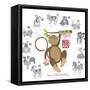 Chinese New Year Monkey Color with Twelve Zodiacs Illustration-jpldesigns-Framed Stretched Canvas