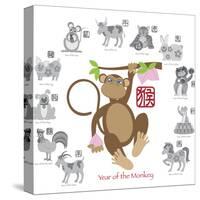 Chinese New Year Monkey Color with Twelve Zodiacs Illustration-jpldesigns-Stretched Canvas