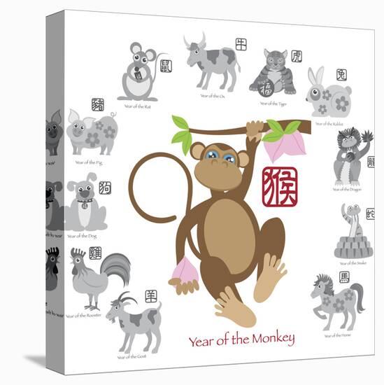 Chinese New Year Monkey Color with Twelve Zodiacs Illustration-jpldesigns-Stretched Canvas