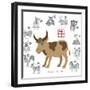 Chinese New Year Ox Color with Twelve Zodiacs Illustration-jpldesigns-Framed Premium Giclee Print