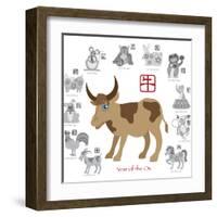 Chinese New Year Ox Color with Twelve Zodiacs Illustration-jpldesigns-Framed Art Print