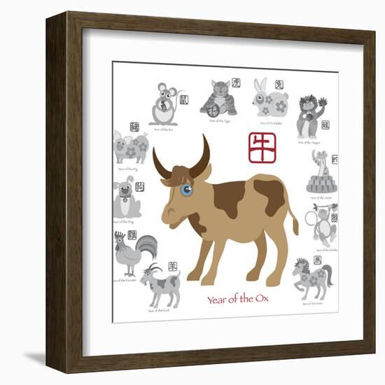 Chinese New Year Ox Color with Twelve Zodiacs Illustration-jpldesigns-Framed Art Print