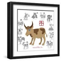 Chinese New Year Ox Color with Twelve Zodiacs Illustration-jpldesigns-Framed Art Print