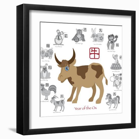 Chinese New Year Ox Color with Twelve Zodiacs Illustration-jpldesigns-Framed Art Print