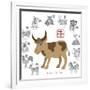 Chinese New Year Ox Color with Twelve Zodiacs Illustration-jpldesigns-Framed Art Print