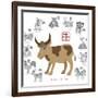 Chinese New Year Ox Color with Twelve Zodiacs Illustration-jpldesigns-Framed Art Print