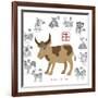 Chinese New Year Ox Color with Twelve Zodiacs Illustration-jpldesigns-Framed Art Print