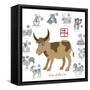 Chinese New Year Ox Color with Twelve Zodiacs Illustration-jpldesigns-Framed Stretched Canvas