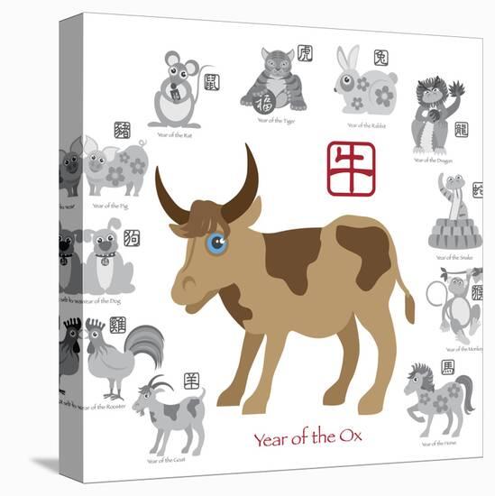 Chinese New Year Ox Color with Twelve Zodiacs Illustration-jpldesigns-Stretched Canvas