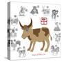 Chinese New Year Ox Color with Twelve Zodiacs Illustration-jpldesigns-Stretched Canvas