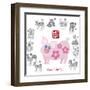 Chinese New Year Pig Color with Twelve Zodiacs Illustration-jpldesigns-Framed Art Print