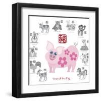 Chinese New Year Pig Color with Twelve Zodiacs Illustration-jpldesigns-Framed Art Print