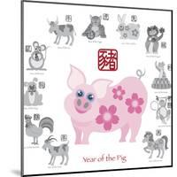 Chinese New Year Pig Color with Twelve Zodiacs Illustration-jpldesigns-Mounted Art Print