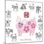 Chinese New Year Pig Color with Twelve Zodiacs Illustration-jpldesigns-Mounted Art Print