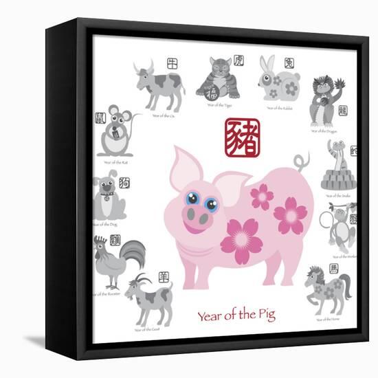 Chinese New Year Pig Color with Twelve Zodiacs Illustration-jpldesigns-Framed Stretched Canvas