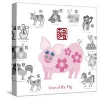 Chinese New Year Pig Color with Twelve Zodiacs Illustration-jpldesigns-Stretched Canvas