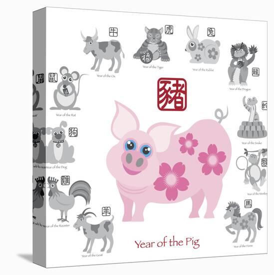 Chinese New Year Pig Color with Twelve Zodiacs Illustration-jpldesigns-Stretched Canvas