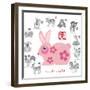 Chinese New Year Rabbit Color with Twelve Zodiacs Illustration-jpldesigns-Framed Premium Giclee Print