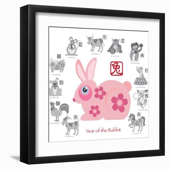Chinese New Year Rabbit Color with Twelve Zodiacs Illustration-jpldesigns-Framed Art Print