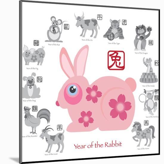 Chinese New Year Rabbit Color with Twelve Zodiacs Illustration-jpldesigns-Mounted Art Print